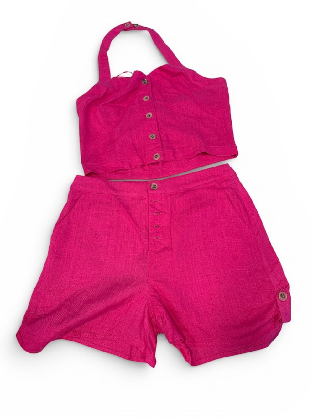 Moon River Fuchsia Pink Two-Piece Halter Crop Top & High-Waist Shorts